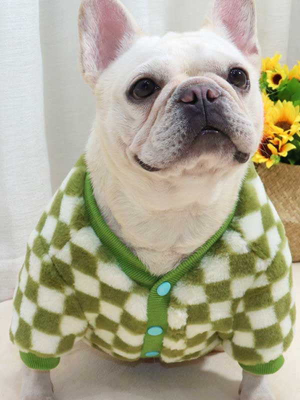 GMTPET Green and white checkerboard fat dog bulldog pug dog French fighting winter clothes plus velvet thick cardigan plush sweater 107-222039 gmtpet.net
